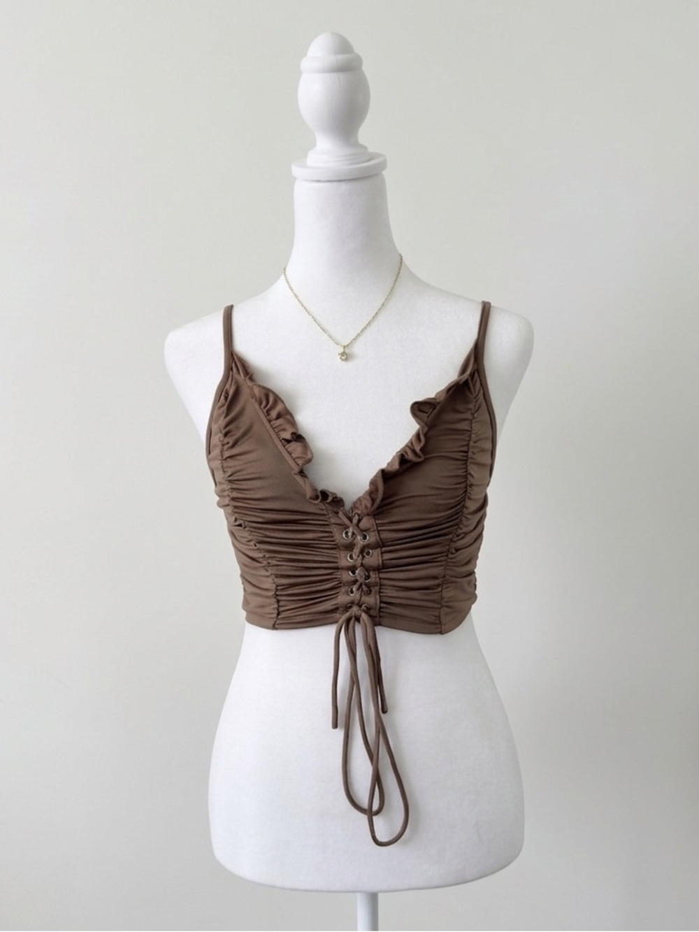 Sweaty Rocks Brown Ruched Tie Front Cropped Tank Top Ruffle